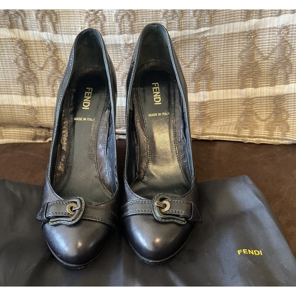 Fendi Black Wedges Buckle Shoes Size 36.5. US 6 - 6.5 Dust Bag. Made In Italy